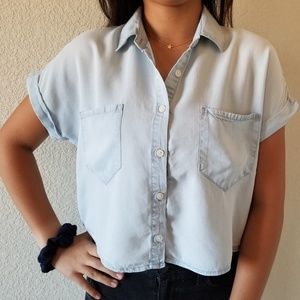 Button-Up Collared Blue Crop Top